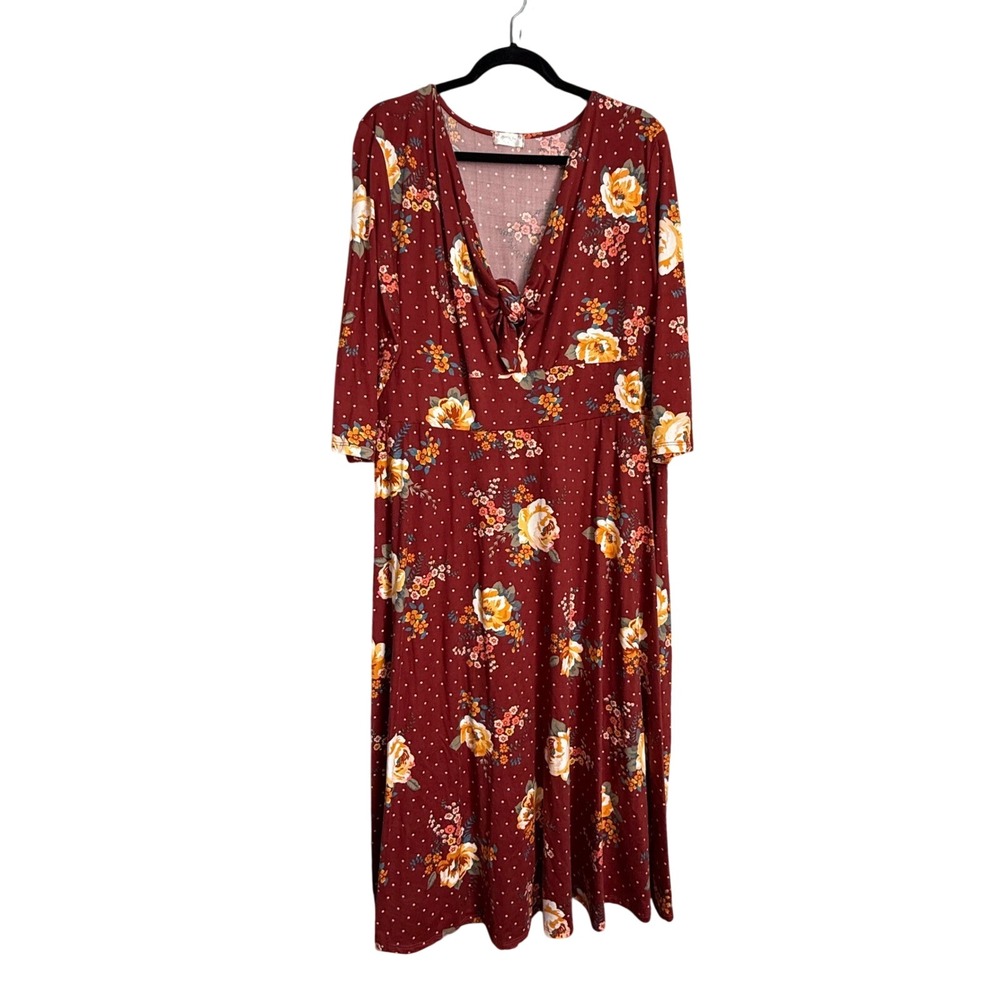 A beautiful souls Floral Dot Print Tie Neck Midi Dress Burgundy Women Size B 18